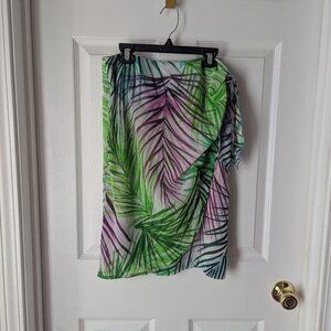 Margaret Frances tropical leaf print midi skirt in green, blue, purple, & white